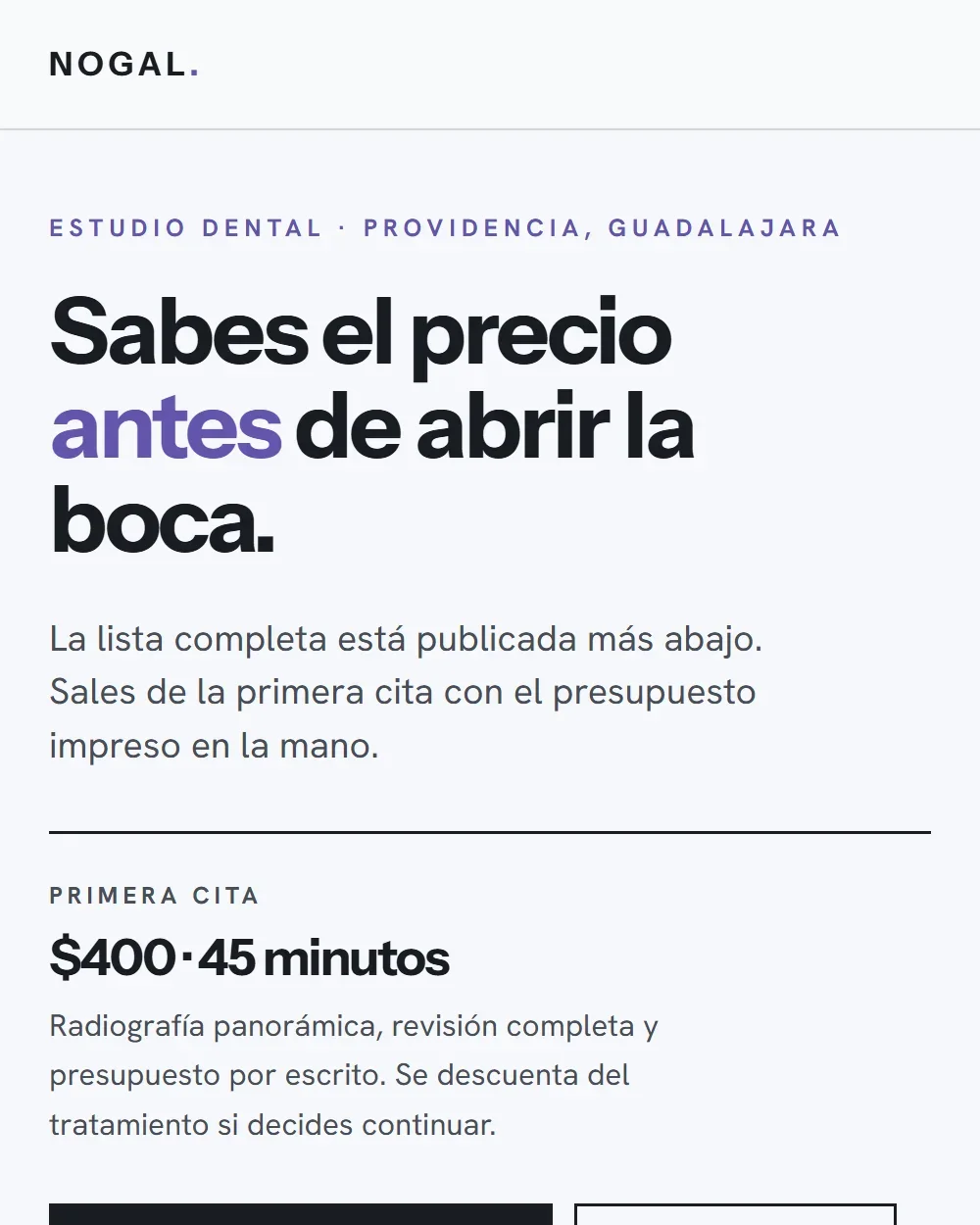 Captura de la página de Nogal Estudio Dental vista en celular.